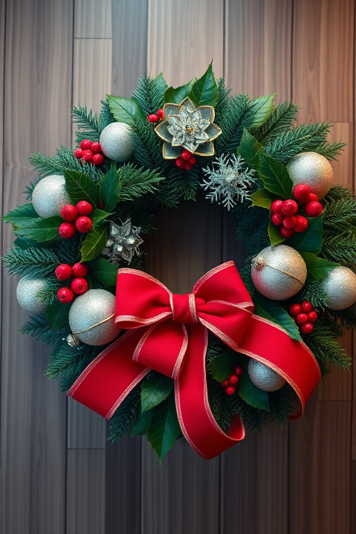 Create a high-resolution image of a Christmas wreath adorned with a red bow, bells, holly leaves, and shimmering baubles, captured using a DSLR camera with a 50mm lens, aperture set to f/2.8, Shutter speed 1/125 sec, ISO 200, shallow depth of field for a blurred background, top-down view.
