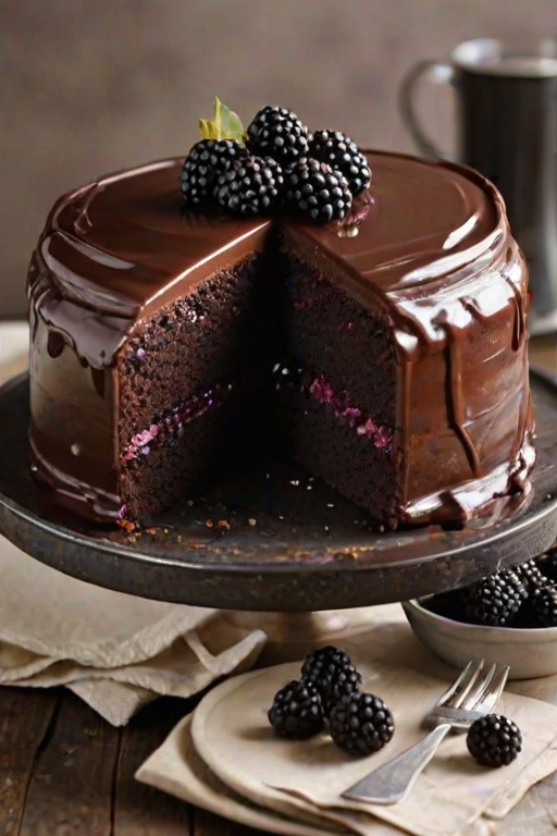 Generate an image of a slice of rich chocolate cake layered with blackberry filling. The cake should have a glossy chocolate ganache on top and be garnished with fresh blackberries. The background should be warm and rustic, enhancing the inviting look of the dessert.
