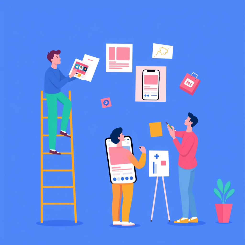 Create an illustration of three people collaborating on a mobile app design, with one person on a ladder holding a design element, another person presenting a smartphone with interface details, and a third person painting a design element, set against a solid blue background, using vibrant colors, in a flat vector style, captured with a digital camera, 50mm lens, f/4 aperture, ISO 100, top-down view.