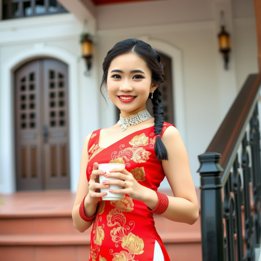 Chinese girl with a sweet smile wearing a red shivalai Thai dress, diamond jewelry, braided hair, holding a cup of hot coffee, wearing white high heels, standing on the stairs, Thai style house.