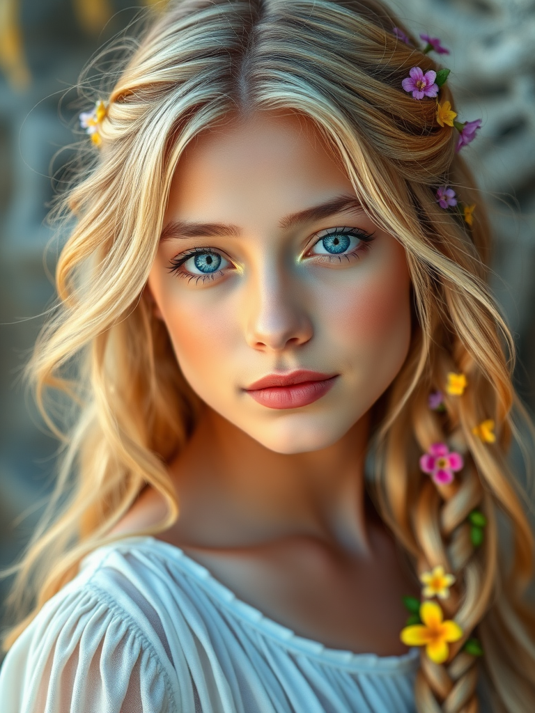 Create an image of a young Pacific Islander woman with long, wavy blonde hair, adorned with small, colorful flowers woven into her braids and loose strands. Her complexion is fair, with soft, glowing skin, and she has light blue eyes that gaze softly at the viewer. She wears a light, flowing dress with a gentle, ethereal quality, complementing her delicate and serene appearance. The background is slightly blurred, drawing focus to her tranquil expression and the intricate details of the flowers in her hair. The overall mood of the image is one of natural beauty and grace, evoking a sense of peacefulness and connection with nature.