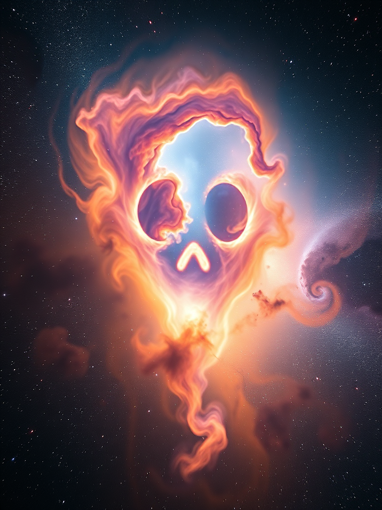 Create an ethereal cosmic scene featuring a ghostly face formed by swirling nebulae and stars, with vibrant oranges, blues, and purples, captured using a full-frame DSLR camera at f/2.8, ISO 100, with a 24mm wide-angle lens and a long exposure to enhance the details of the nebulae.
