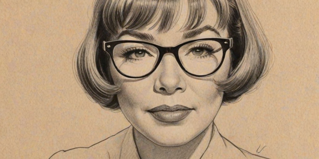 Enticing Shirley MacLaine, pencil sketch, portrait of Elegant woman 1945s in glasses, hair style beatnik, outline, clear lines, fine lines, 8k