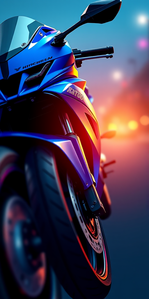 Create a high-resolution digital illustration of a blue motorcycle, using a wide-angle lens at f/8 to enhance depth of field, shot from a low angle to emphasize its sleek design and dynamic lines, employing a digital art style for vibrant colors and smooth gradients with a focus on reflections and shadows for realism.