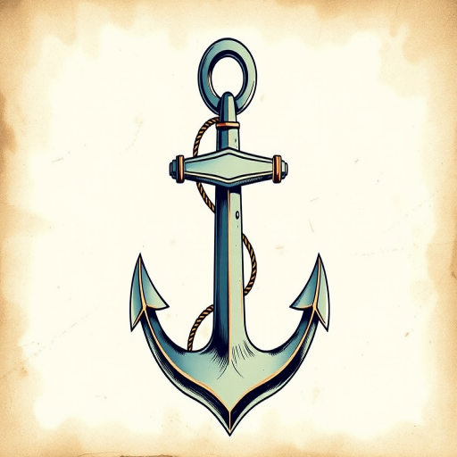 Create a high-resolution illustration of an anchor with a vintage style, using a DSLR camera at f/8, ISO 100, 50mm lens, with a macro view and natural lighting for enhanced detail and clarity.