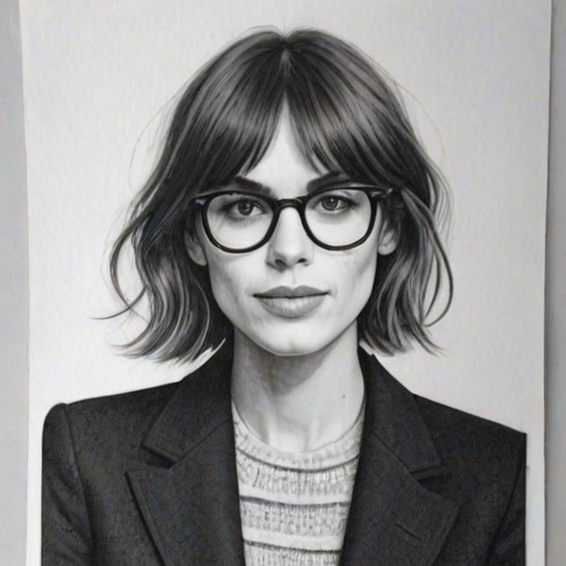 Superb Alexa Chung, pencil sketch, portrait of Enticing woman 1976s in glasses, hair style beatnik, outline, clear lines, fine lines, 8k