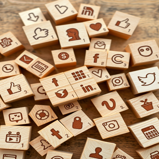 Create an overhead shot of various wooden blocks with engraved social media and technology icons scattered randomly, using a DSLR camera, 50mm lens, f/2.8 aperture, ISO 200, and natural lighting for clarity and detail.
