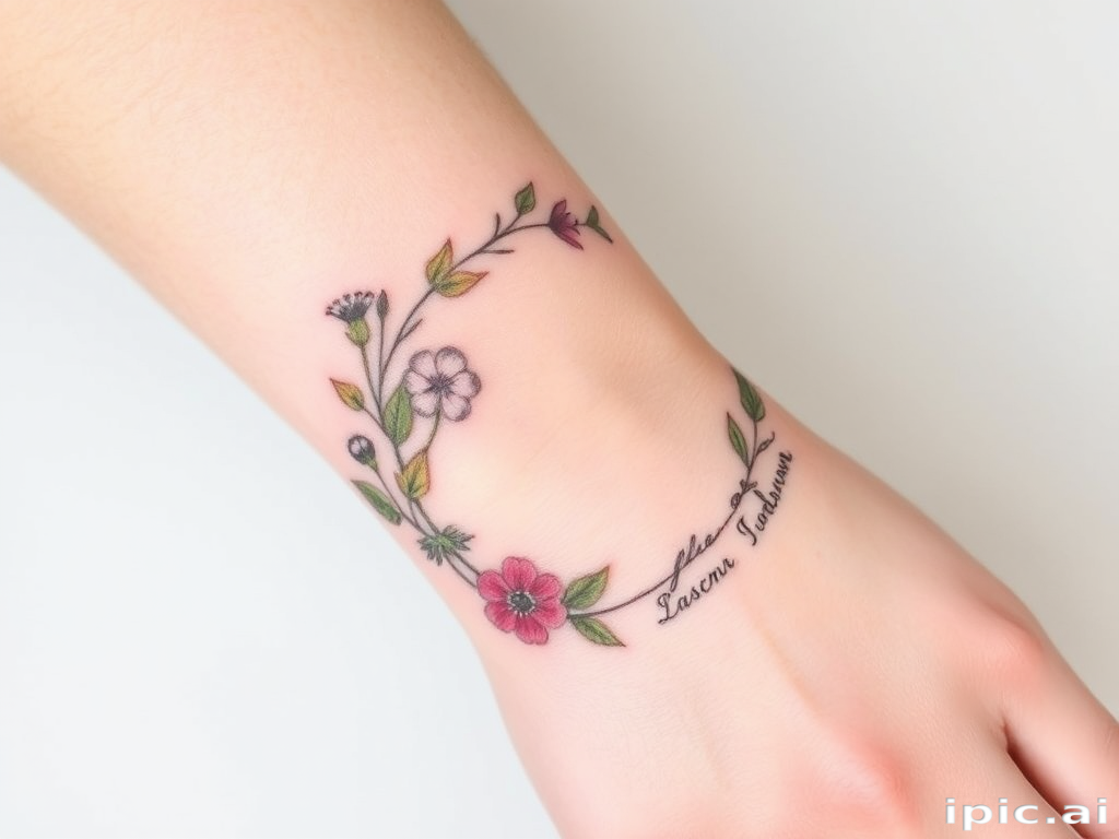 Delicate botanical tattoo featuring pressed flowers and leaves in soft pastel hues, arranged in a circular wreath design around the wrist, with scientific names etched in elegant script