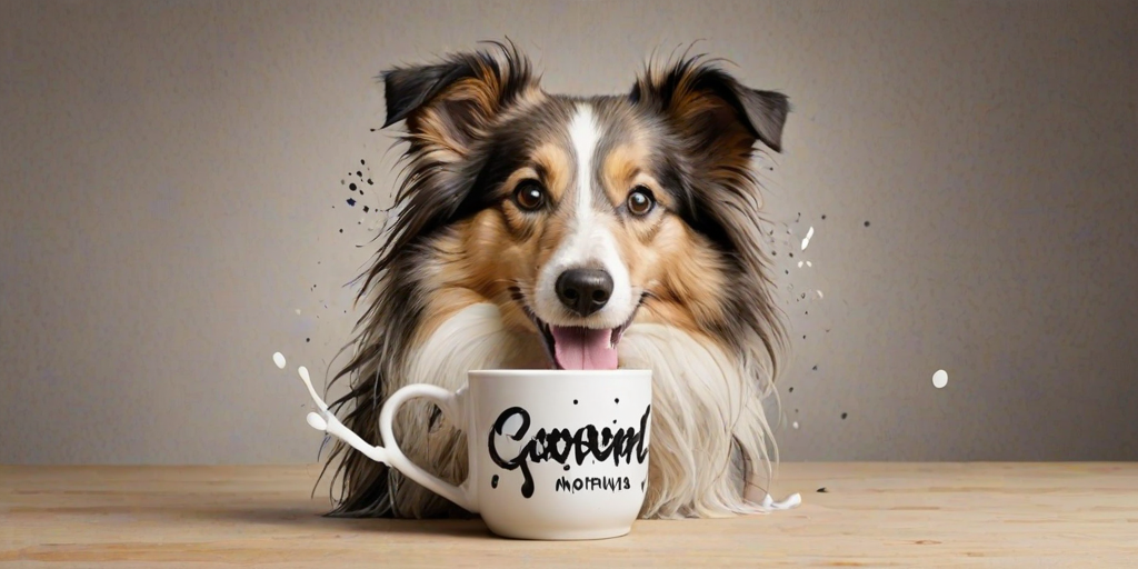 A quirky, artistic illustration of a disheveled collie dog breed with exaggerated, large eyes and spiky fur, holding a coffee mug that reads "Good Morning". The dog has a tired but humorous expression, with ink splatters and abstract details surrounding it, giving a whimsical feel to the image. The color palette is mostly monochrome with hints of brown in the eyes and steam rising from the mug, enhancing the overall sleepy vibe
