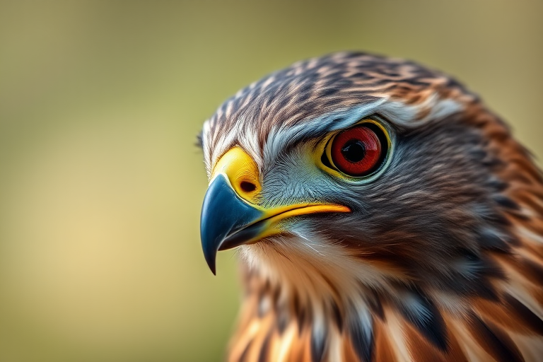 Close-up portrait of a hawk with detailed feather patterns, sharp eyes and vibrant colors, shot with a Canon EOS 5D Mark IV, 100mm lens, f/2.8 aperture, ISO 200, natural light, shallow depth of field for a blurred background.