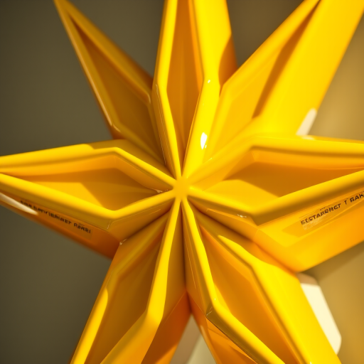 Create a vibrant, three-dimensional yellow star with sharp edges and a glossy finish, captured with a Canon EOS R5 camera at 50mm f/1.8 lens, aperture set to f/8, ISO 100, and using natural lighting to enhance shadows and highlights.