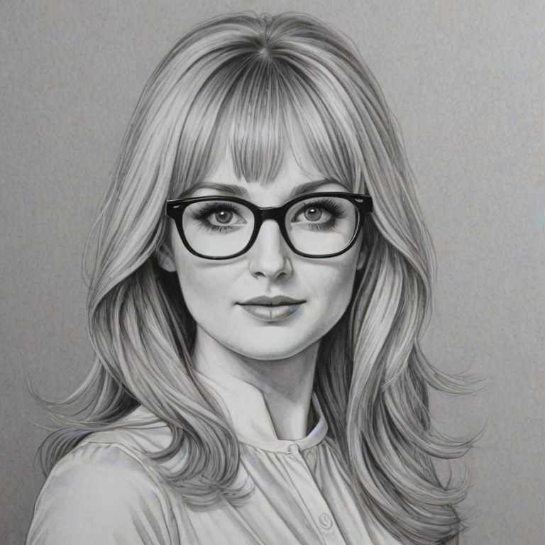 Stunning Melissa Rauch, pencil sketch, portrait of Alluring woman 1967s in glasses, hair style beatnik, outline, clear lines, fine lines, 8k