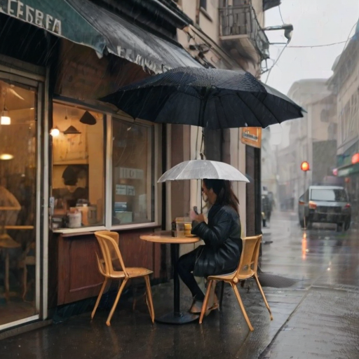 Small cafe on a rainy street, raindrops sliding down the window as a woman sits at a corner table, warm coffee in hand, watching passersby hurry with umbrellas.