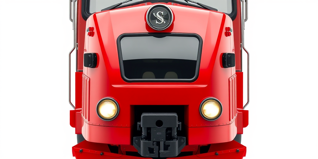 Regenerate the image of a stylized red train front with high resolution, ISO 100, aperture f/8, 50mm lens, shot from a frontal view, with a clean background, using a digital camera.
