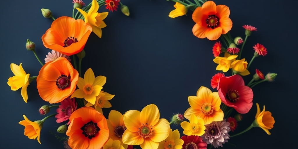 Create a vibrant floral wreath illustration featuring orange poppies, yellow daffodils, and red flowers on a deep navy blue background, shot with a full-frame DSLR camera at f/4.0 aperture, 1/125 sec shutter speed, ISO 100, utilizing a macro lens for intricate details and soft bokeh effect.