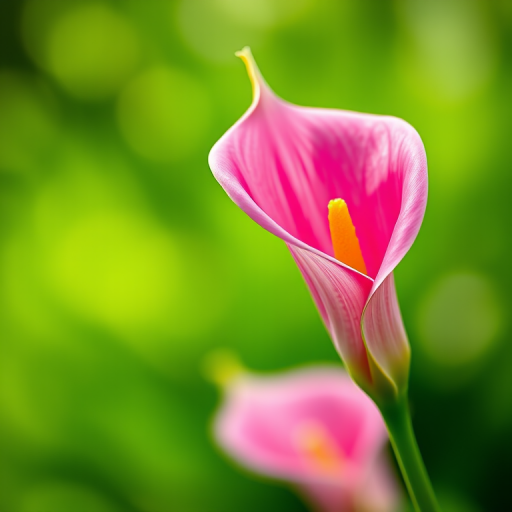 Close-up of a pink calla lily against a blurred green background, shot with a DSLR camera, f/2.8 aperture, 100mm lens, ISO 200, natural lighting, shallow depth of field for a soft bokeh effect.