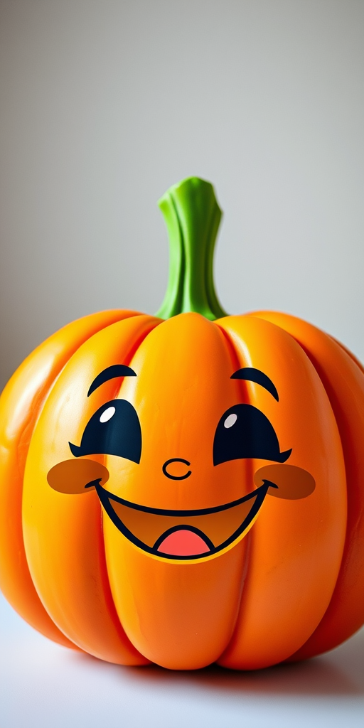 Generate a vibrant and playful cartoon pumpkin with orange and green accents, using a DSLR camera with a 50mm lens, f/2.8 aperture, ISO 100, 1/200s shutter speed, captured from a slight upward angle to enhance its cheerful expression and details, bright lighting to emphasize colors and texture.