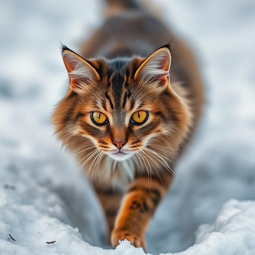 high-quality photograph of a fluffy brown cat with striking orange eyes walking through freshly fallen snow, shallow depth of field, natural light, ISO 200, f/2.8, 1/1000 sec, taken with a DSLR camera at ground level