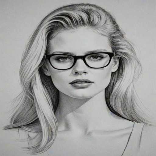 Sublime Lara Stone, pencil sketch, portrait of Superb woman 1962s in glasses, hair style beatnik, outline, clear lines, fine lines, 8k