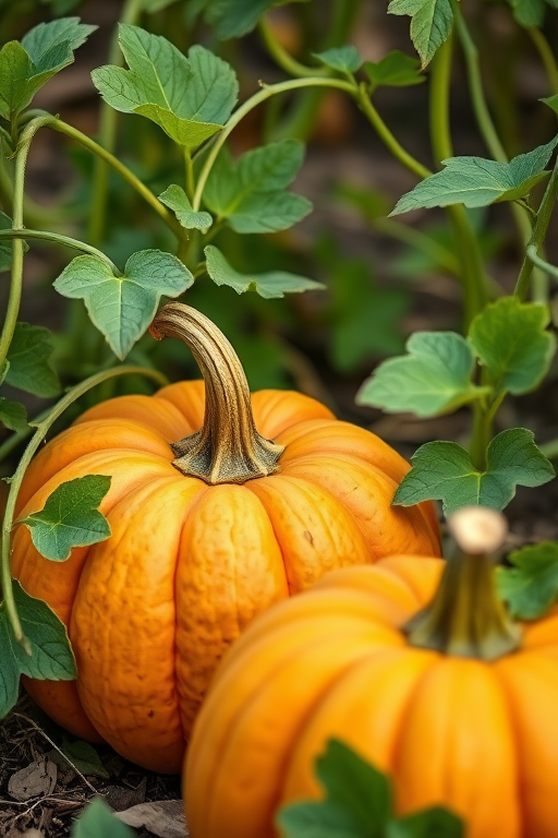 Create an image of two pumpkins with green vines and leaves, captured with a Canon EOS 5D Mark IV, 50mm lens, f/2.8, ISO 100, natural lighting, and a shallow depth of field for enhanced quality.