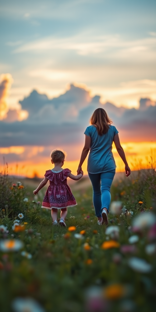 capture a scenic view of an adult and child walking hand in hand through a flower-filled meadow at sunset with dramatic clouds in the background using a DSLR camera with a 50mm lens at f/1.8, ISO 200, shutter speed 1/250 sec, focusing on the subjects while blurring the background for a dreamy effect