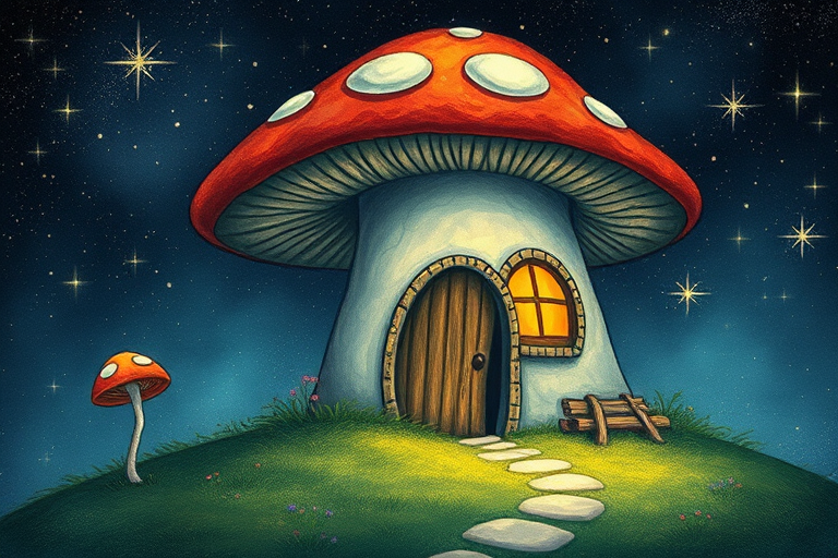 this picture is illustration of a mushroom house with a door and a window, a storybook , fantasy art, mushroom house, bg starry sky, sparkles