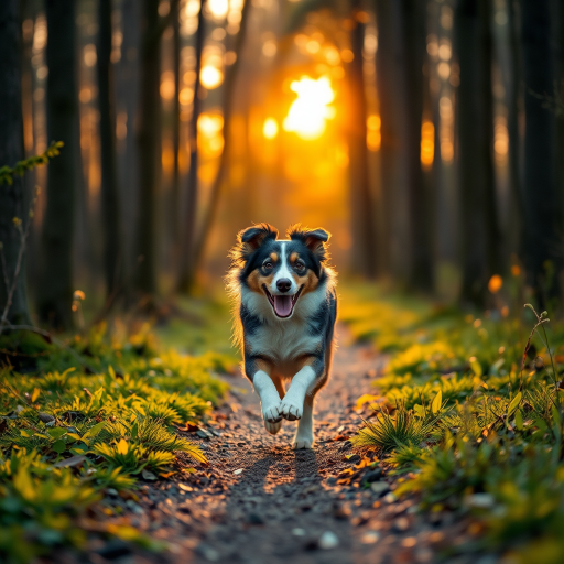 Australian Shepherd running on a forest path during golden hour, shallow depth of field, ISO 200, f/2.8, 1/500 sec, captured with a DSLR camera, 50mm lens, and natural lighting.