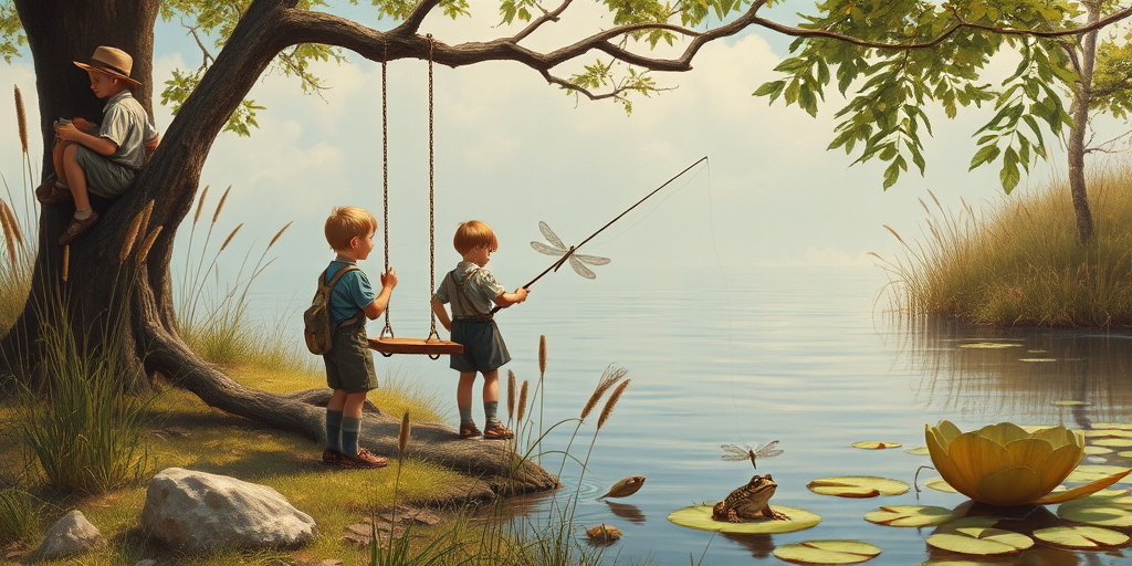 Imagine a small group of old fashioned young boys out fishing by the creek, a swing hanging from a tree branch, reeds and grasses by the water's edge, a frog sitting on a lily pad, dragonflies hovering over som water plans, a very iconic old fashioned scene reminiscent of a Norman Rockwell painting style