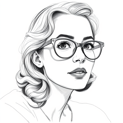 Lovely Carly Chaikin, pencil sketch, portrait of Pleasing woman 1933s in glasses, hair style beatnik, outline, clear lines, fine lines, 8k