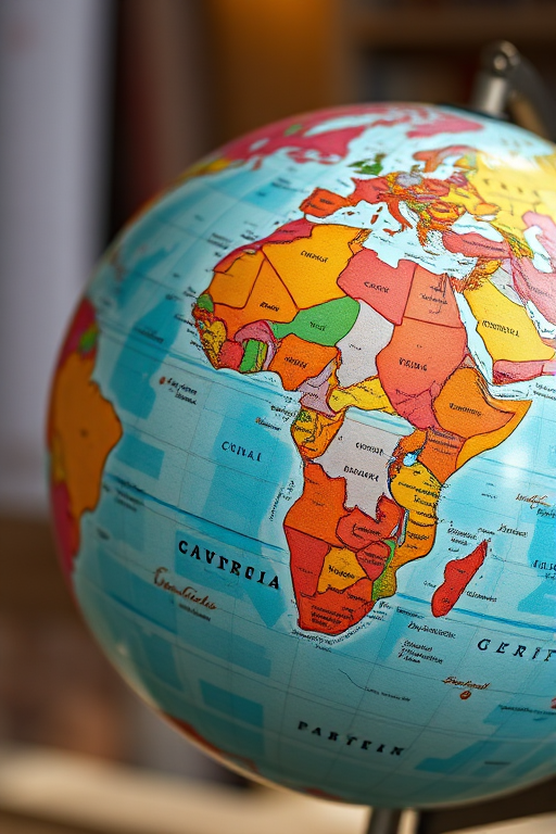 Create a high-resolution image of a vintage globe showing continents and countries clearly, with a focus on vibrant colors and detailed textures, using a DSLR camera at f/8 aperture, ISO 100, and a focal length of 50mm in natural lighting from a 45-degree angle.