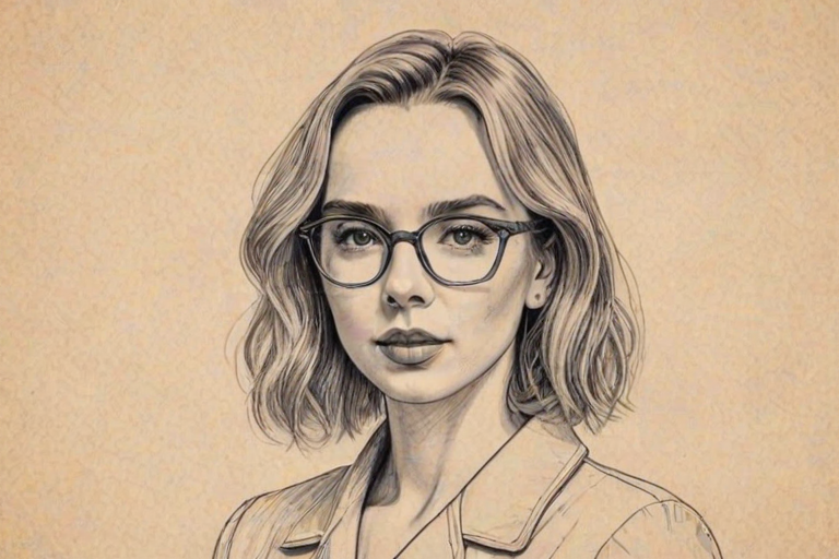 Graceful Jodie Comer, pencil sketch, portrait of Enchanting woman 1924s in glasses, hair style beatnik, outline, clear lines, fine lines, 8k