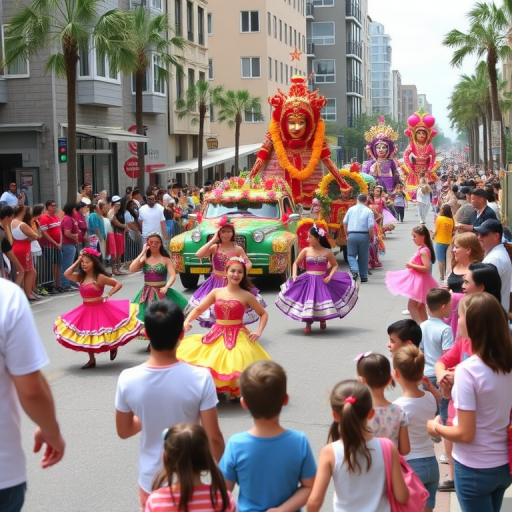 Vibrant street parade, with dancers in colorful costumes, floats adorned with flowers, and families watching from the sidewalks, creating a joyful and festive atmosphere.