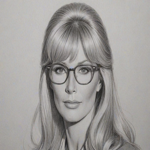 Delightful Linda Evans, pencil sketch, portrait of Enchanting woman 1970s in glasses, hair style beatnik, outline, clear lines, fine lines, 8k