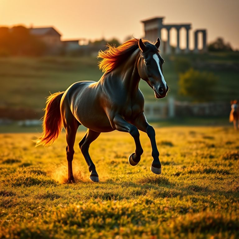 A majestic horse running in a lush green field with ancient ruins in the background during golden hour, captured with a Canon EOS R5, 85mm lens, f/1.8 aperture, ISO 100, soft focus to enhance details and depth.