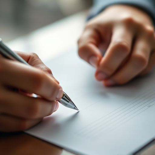 a close-up shot of a person's hands writing with a silver pen on a blank sheet of paper, soft natural light, shallow depth of field, aperture f/2.8, ISO 100, 50mm lens, Nikon DSLR camera