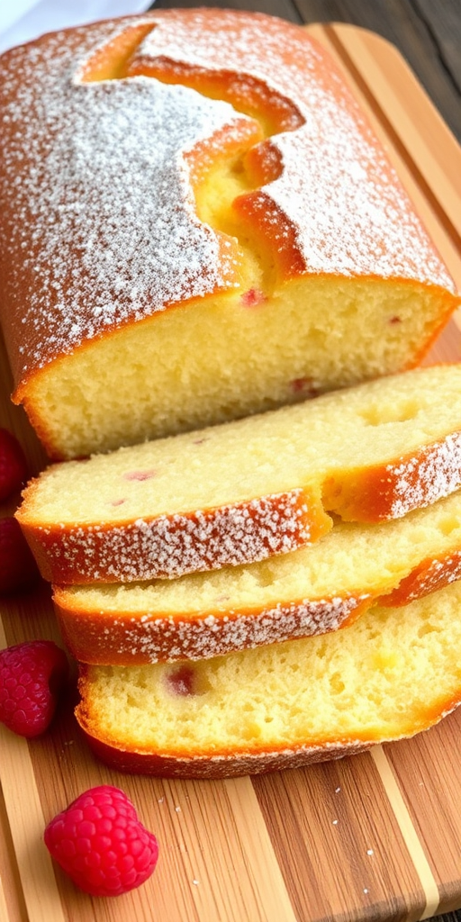 A freshly baked loaf of golden cake sliced into thick pieces with a smooth texture sprinkled with powdered sugar alongside fresh raspberries on a wooden cutting board.