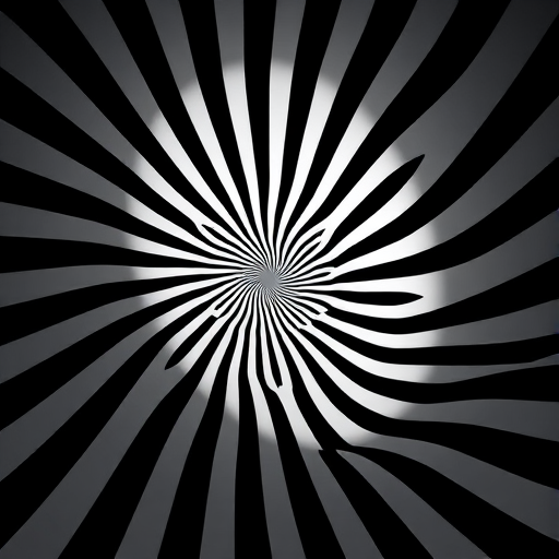 create a black and white spiral pattern with sharp alternating stripes converging towards the center, use a wide-angle lens at f/8 aperture, ISO 100, shutter speed 1/200s, high dynamic range style, captured with a DSLR camera.