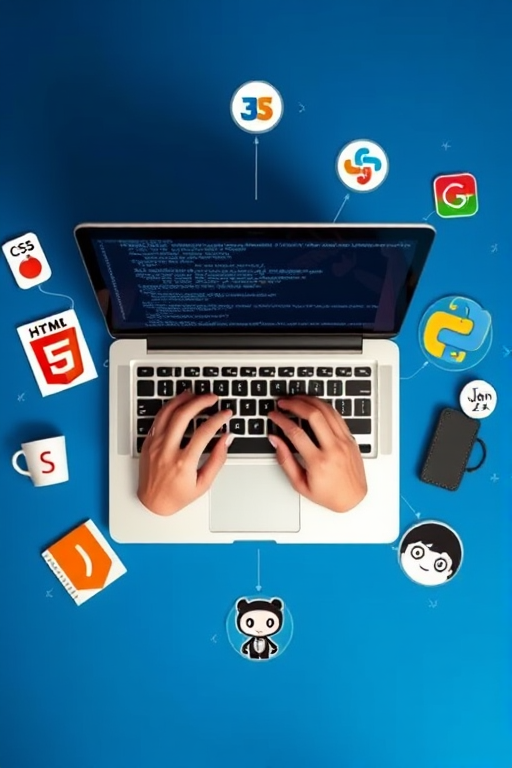 Create an image of a laptop with hands typing, surrounded by icons representing HTML, CSS, JavaScript, Python, PHP, JSON, and GitHub, on a blue background with code snippets faintly visible, captured with a Canon EOS R5, 24mm lens, f/2.8 aperture, ISO 100, with a wide-angle view and vibrant colors.
