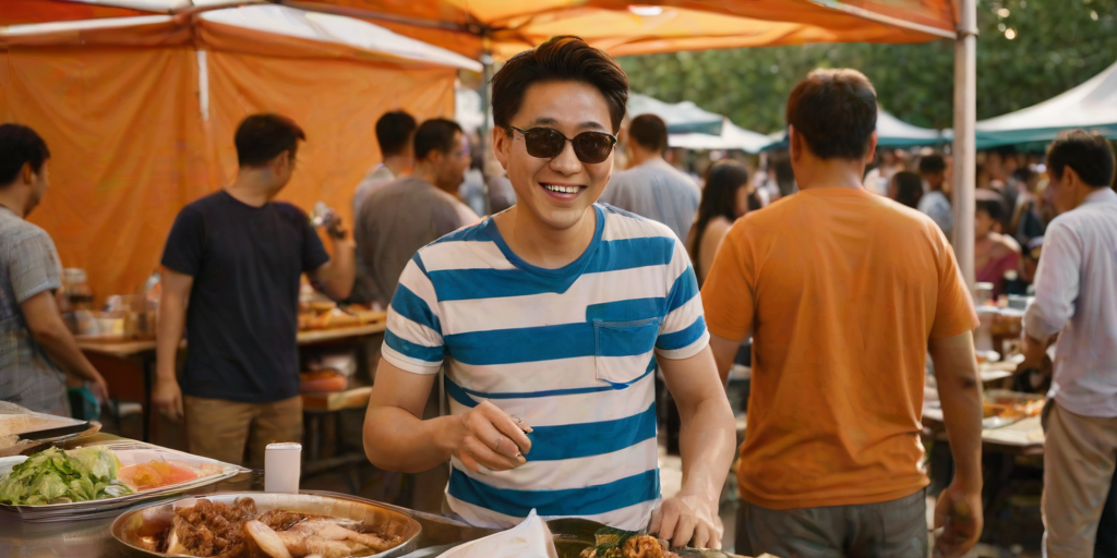 Medium shot photo of an East Asian man with a light to medium skin tone, seated at an outdoor food stall under an orange tent. He is smiling warmly, wearing a casual blue and white striped T-shirt, and a pair of sunglasses hangs around his neck. The man is enjoying a meal with a plate of mixed grilled fish and vegetables, which rests on a wooden table in front of him. A bottle of beer is placed on his left side, and a can of soda is near his right hand. The background features a bustling market scene, with several people visible, including someone serving food behind a counter with packaged goods. The warm, diffused lighting from the tent casts a soft orange glow on the setting, contributing to the lively, relaxed atmosphere of a street food market. The composition captures a casual, candid moment, emphasizing the vibrant, dynamic environment filled with colors and textures