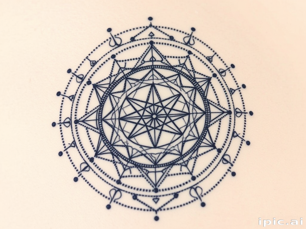 Dotwork sacred geometry tattoo dubbed "Cosmic Blueprint" featuring intricate patterns of circles, lines, and shapes created entirely with tiny dots to form a three-dimensional illusion