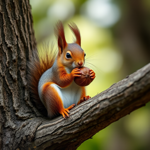 squirrel sitting on a tree branch holding a nut, captured with a Canon EOS R5, 85mm f/1.2 lens, aperture at f/2.8, ISO 200, natural light, shallow depth of field, focus on the squirrel with a blurred background