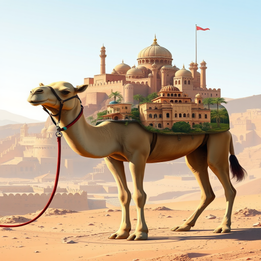 create a digital illustration of a camel with a historical cityscape on its back, use a 50mm lens, aperture f/2.8, ISO 100, shoot in natural lighting, high resolution, use a DSLR camera style for enhanced image quality