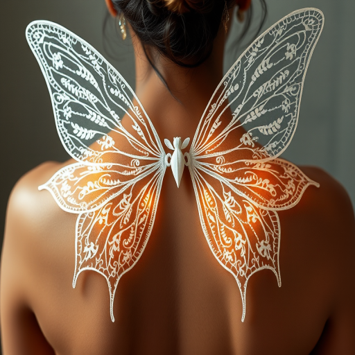 Ethereal white ink tattoo of delicate fairy wings spanning across the back, featuring intricate lace-like patterns and soft, luminescent highlights that seem to glow against olive skin
