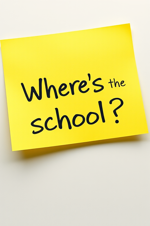 Yellow post-it note, hand written in black pen text "Where's the school??", 3d, hd, hyper realistic,