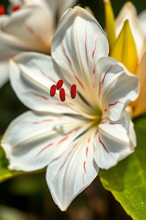 Create a highly detailed botanical illustration of a flowering plant with white petals and red markings, shot in macro view using a DSLR camera at f/2.8 aperture, ISO 100, 1/125s shutter speed, with soft natural lighting to enhance colors and textures.