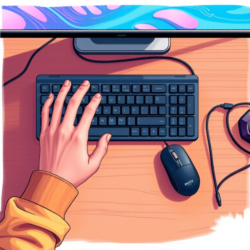 Create a top-down view illustration of a person using a keyboard and mouse with detailed hand positioning, vibrant colors, high resolution, DSLR camera settings, f/4 aperture, 50mm lens, and 300dpi for print quality.