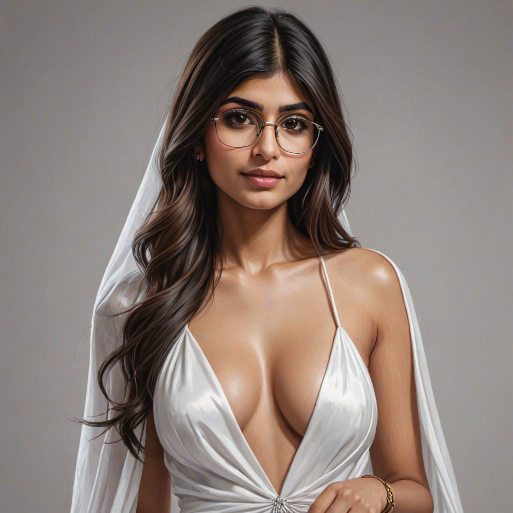 mia khalifa, digital painting,  digital illustration,  stunning girl, make up , white silk dress extreme detail,  digital art,  4k,  ultra hd