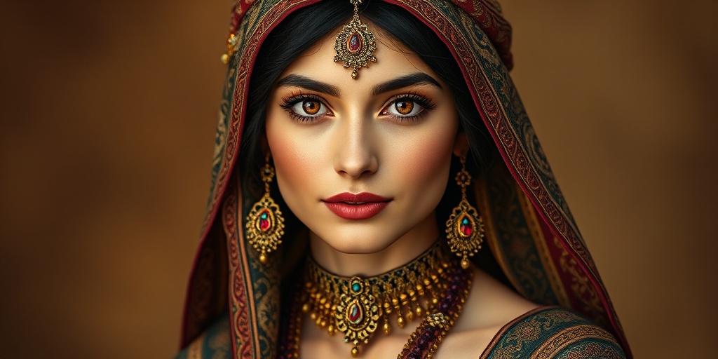 Create a portrait of a beautiful Sephardic woman with striking red eyes and a gentle expression. She is adorned in traditional attire with intricate patterns, including a richly embroidered headscarf and matching garments. Her jewelry includes a delicate headpiece, dangling earrings, and ornate bracelets, all featuring vibrant gemstones and detailed metalwork. The background is soft and warm, enhancing the rich colors of her outfit and jewelry.