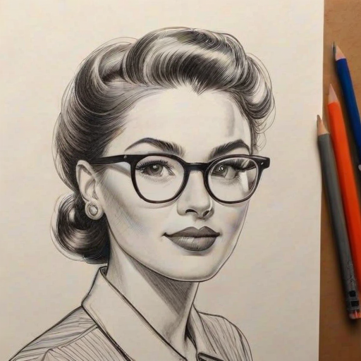 Graceful Jessica Marie Garcia, pencil sketch, portrait of Elegant woman 1953s in glasses, hair style beatnik, outline, clear lines, fine lines, 8k