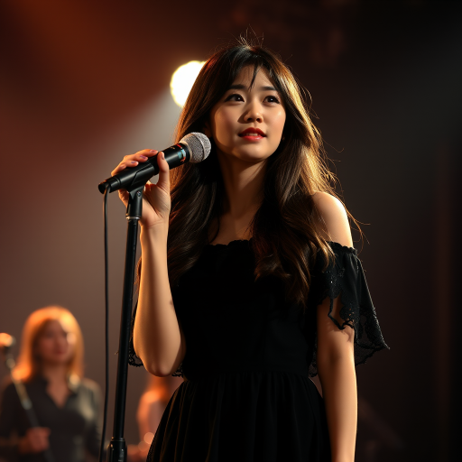 A young japanese woman with long, flowing brown hair is standing in the center of the frame, holding a microphone in her right hand, and looking slightly off to the right side of the frame. She is wearing a black, off-the-shoulder dress with delicate lace detailing. The lighting is warm and dramatic, creating a spotlight effect on the singer. There are other figures in the background, blurred and out of focus, suggesting a concert or performance setting. The camera angle is low, capturing the woman from the waist up. The overall atmosphere is intimate and captivating.